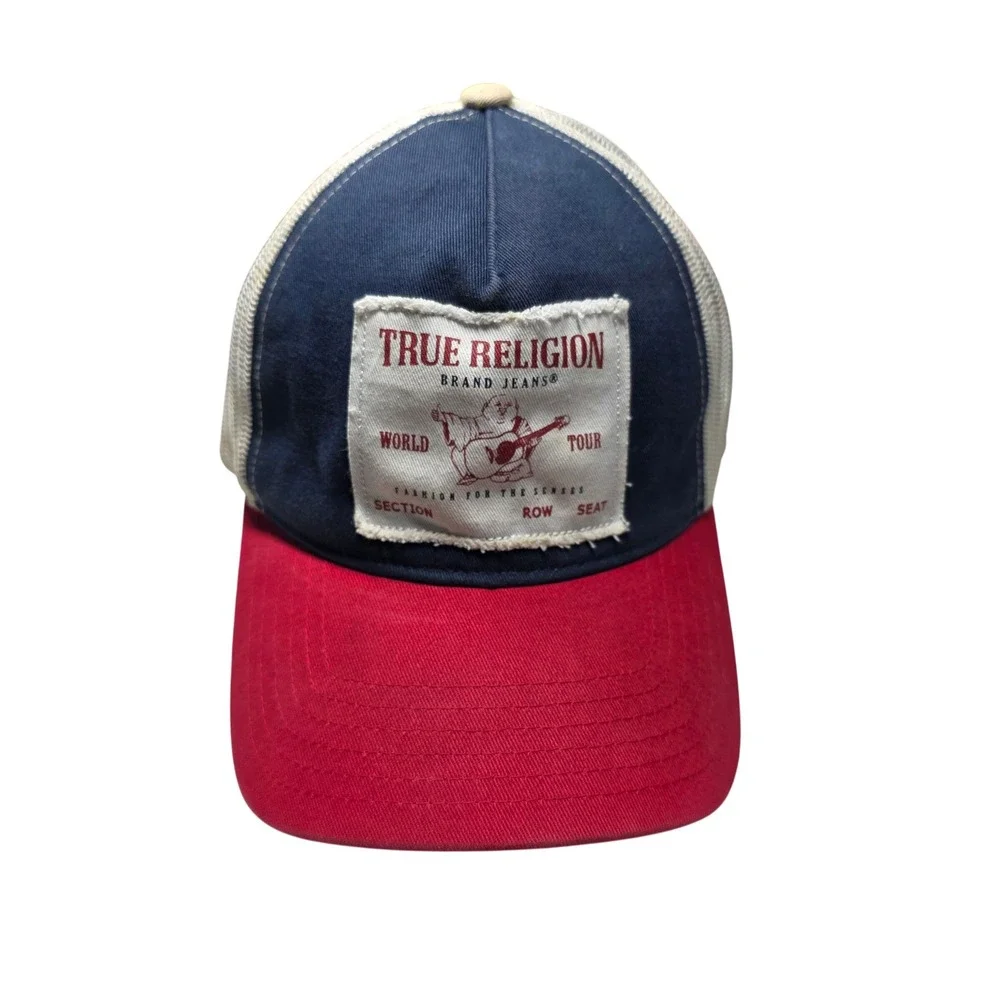 True Religion World Tour Mesh Trucker Hat Navy Red White Snapback OS
